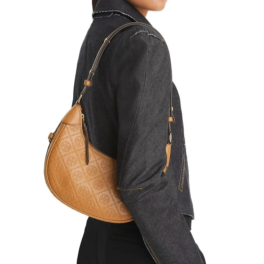 Tory Burch T Monogram Leather Crescent Bag Brown Embossed Hobo Bag